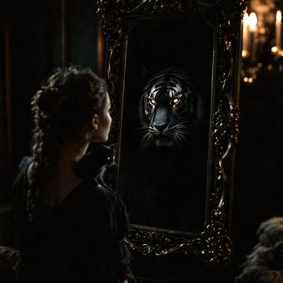 The primary subject of the image is a woman standing in front of a mirror. The setting is a dark room, and the visual style appears to be a combination of a photo and a drawing. The woman is wearing a black dress, and the overall atmosphere is mysterious and dramatic.